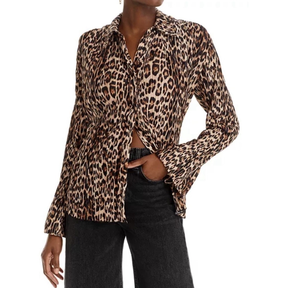 Good American Womens Plisse Shirt Leopard Print Button Shirt‎ Size 1/2 (14-16)